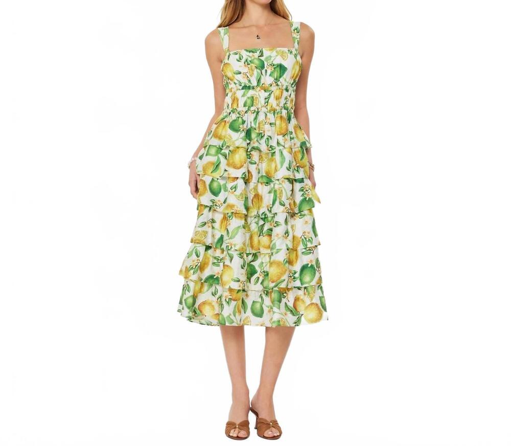 NEW CURRENT AIR printed tiered sleeveless midi dress in lemon